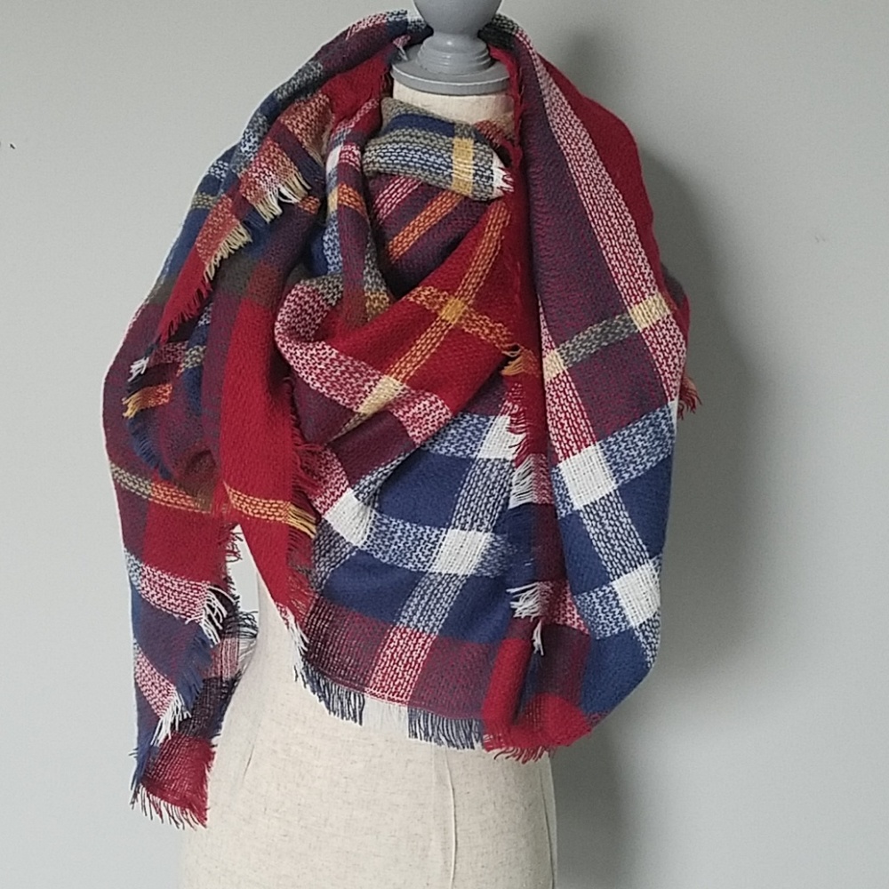 Red and Navy Tartan Blanket Scarf, NEW